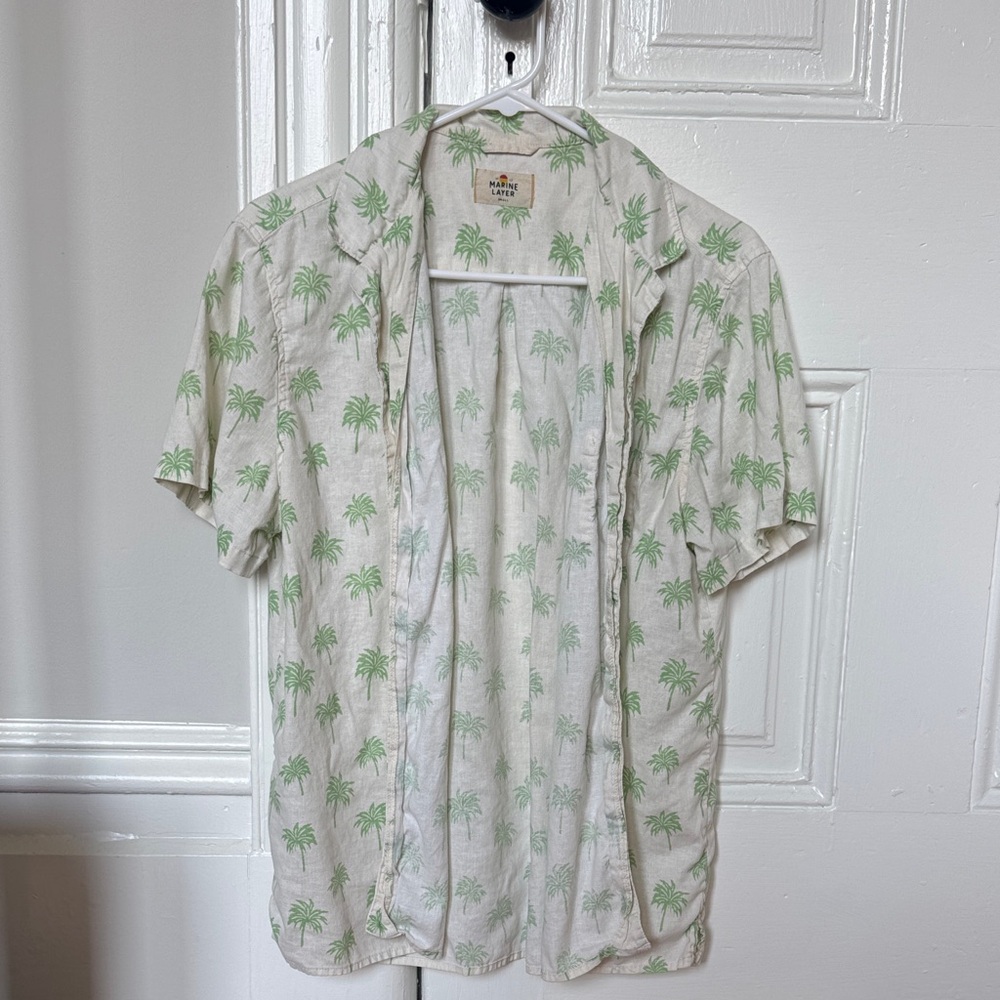 Marine Layer Cream Shirt with Green Palm Print